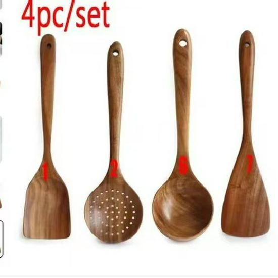 Teak Acacia Wood Kitchen Utensil Set: Spatula, Spoon, Ladle, Turner, Long Handle Rice Spoon
