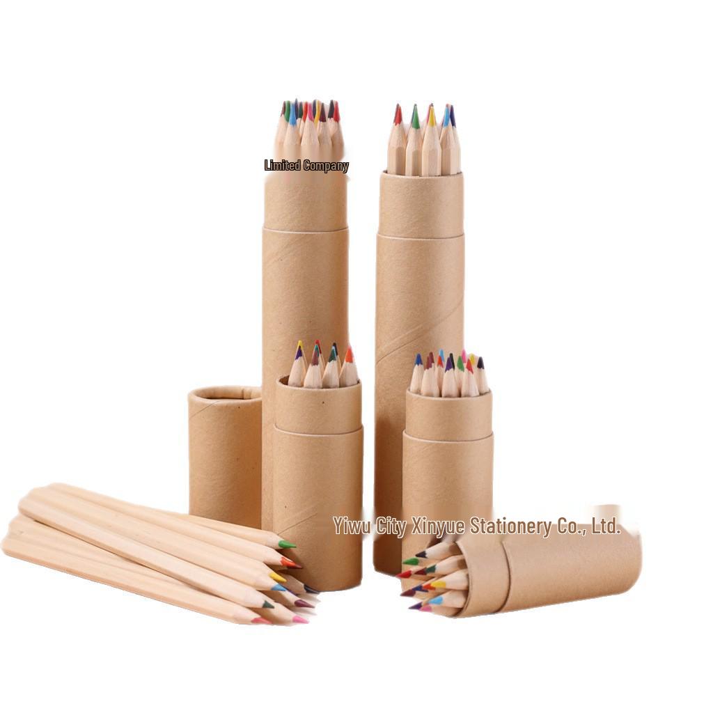 

Cross-border Cowhide Barrel Natural Wood 12-Color Student Art Colored Pencil Set 12 Colors Short Barrel Pencils