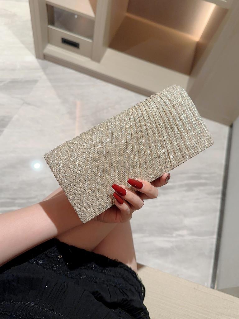 Women's Classic Pleated Design Sparkling Evening Bag Mini Clutch Banquet Bag Dress Bag Party Bag Evening Bag Chain Bag
