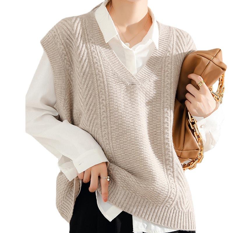 Dam V-ringad stickad väst Koreansk stil Kofta Ärmlös pullovertopp