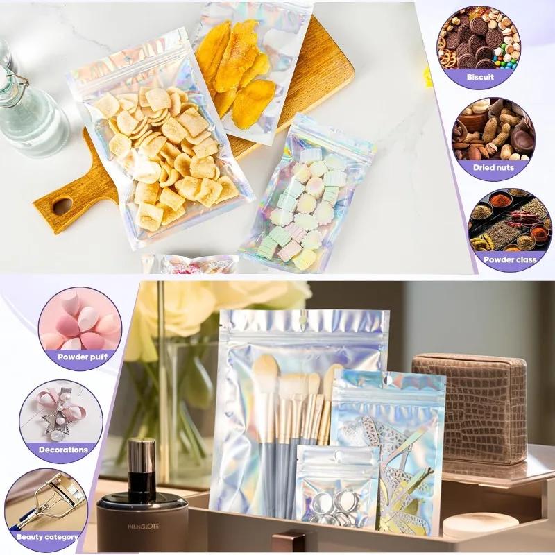 60-10PCS Laser Sealing Bags Plastic Holographic Candy Food Packaging Pouches Resealable Jewelry Necklace Storage Organizer Bag