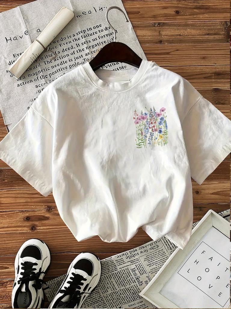 Graphic Chic Flower 100% Cotton Women's Retro Floral Print T-Shirt Soft Crew Neck Short Sleeve Top Vintage Shirt Floral Design