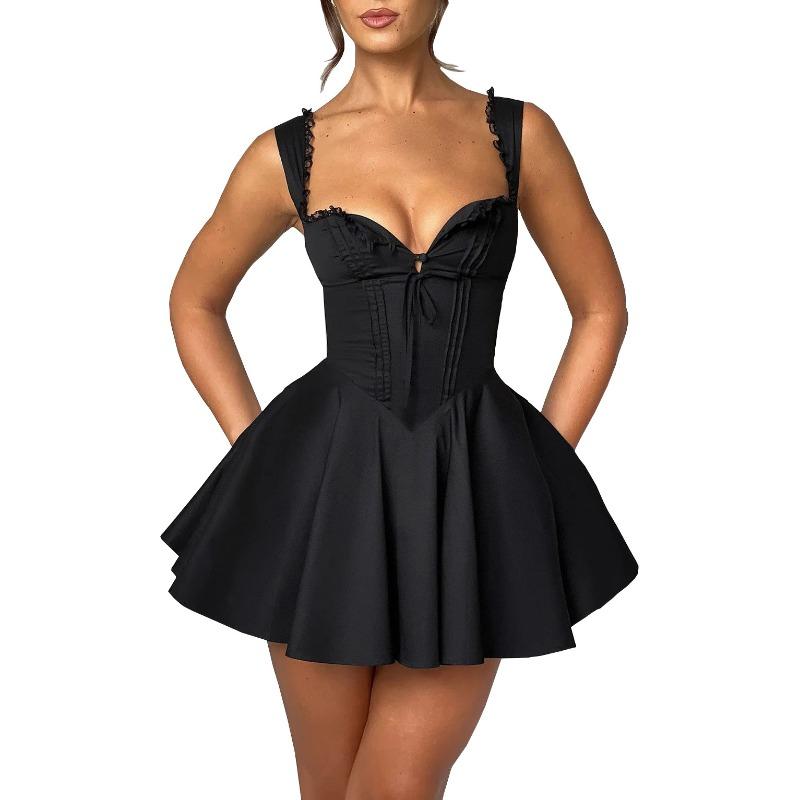 Summer Lovely Sweet A Line Short Dress Yellow Sexy Sleeveless Lace Up Pleated Party Dresses Hollow Out Slim Fit Elegant Holiday Dress Women