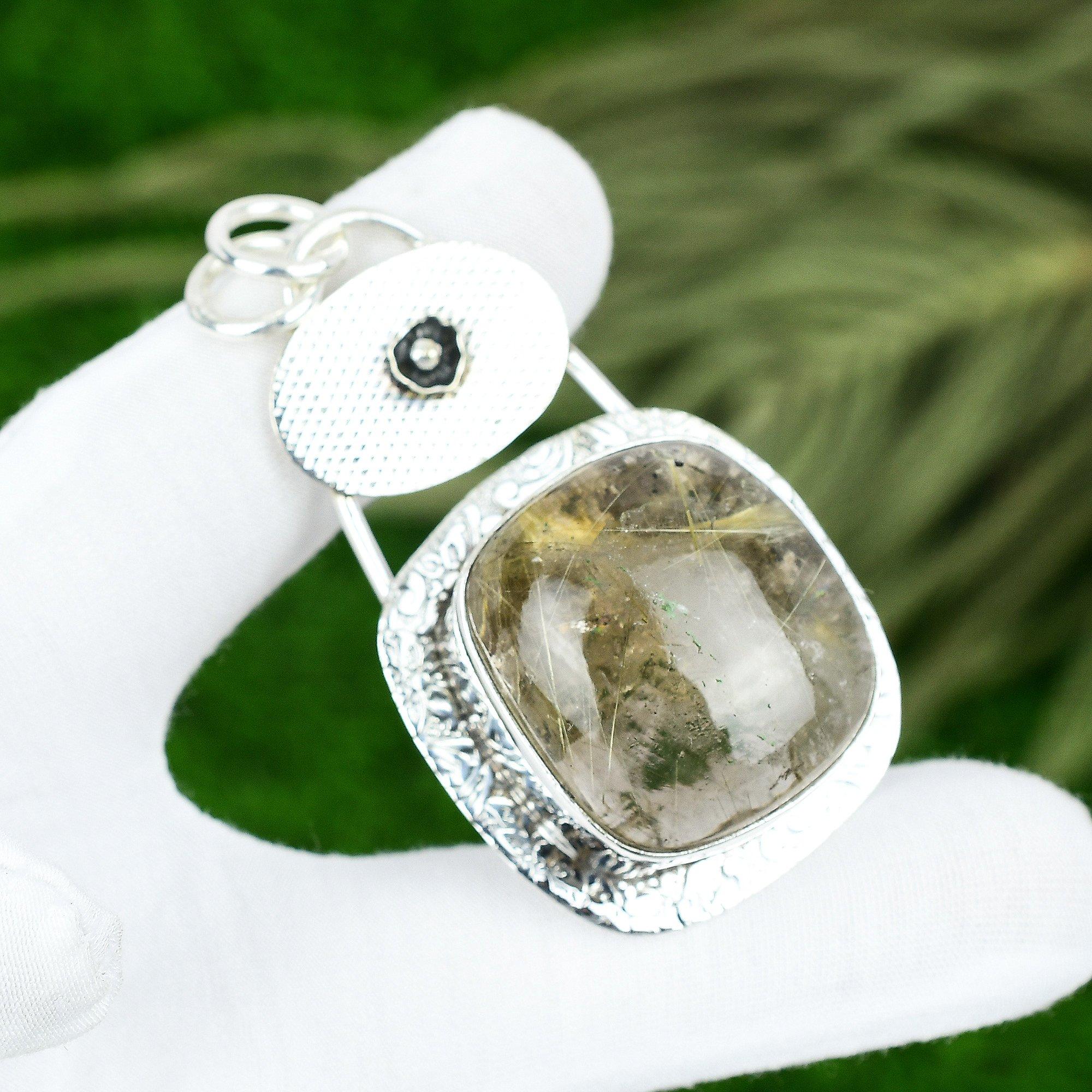 

Easter Deal 925 Sterling Silver Radiant Golden Rutile Stone Boho Pendant Jewelry