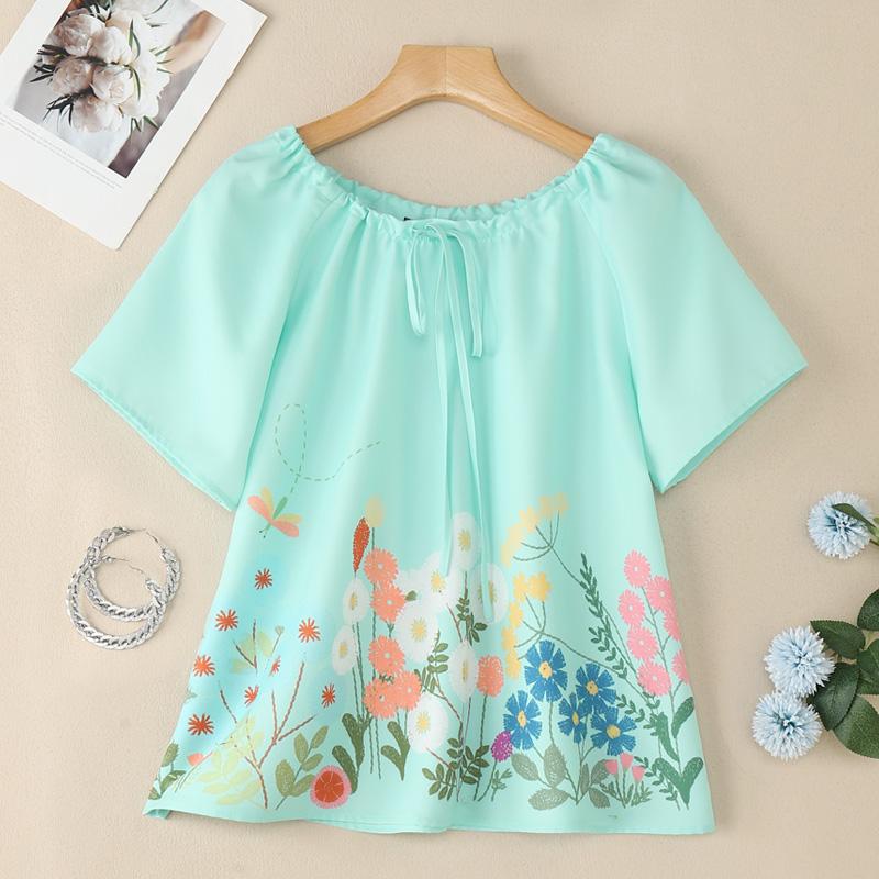 

ZANZEA Женская повседневная блузка с круглым вырезом, цветочным принтом, летняя, с коротким рукавом 5XL светло-зеленый