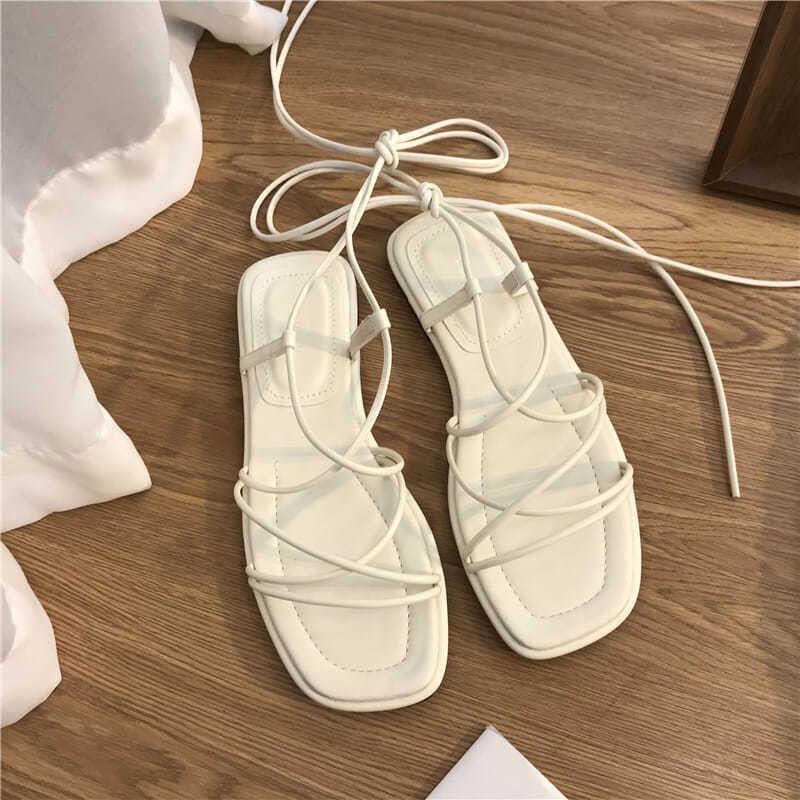 Women's Fairy Style Lace-up Roman Sandals - Flat Heel, Versatile and Gentle Summer Beach Footwear