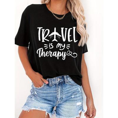 Travel Is My Therapy Airplane Graphic Tee Oversized Short Sleeve Casual Versatile Top