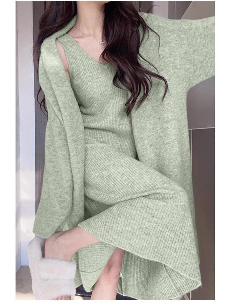 Pine Frost Knit Figure-Hugging Maxi Dress & Sweater Set - Temperamental Goddess Vibe