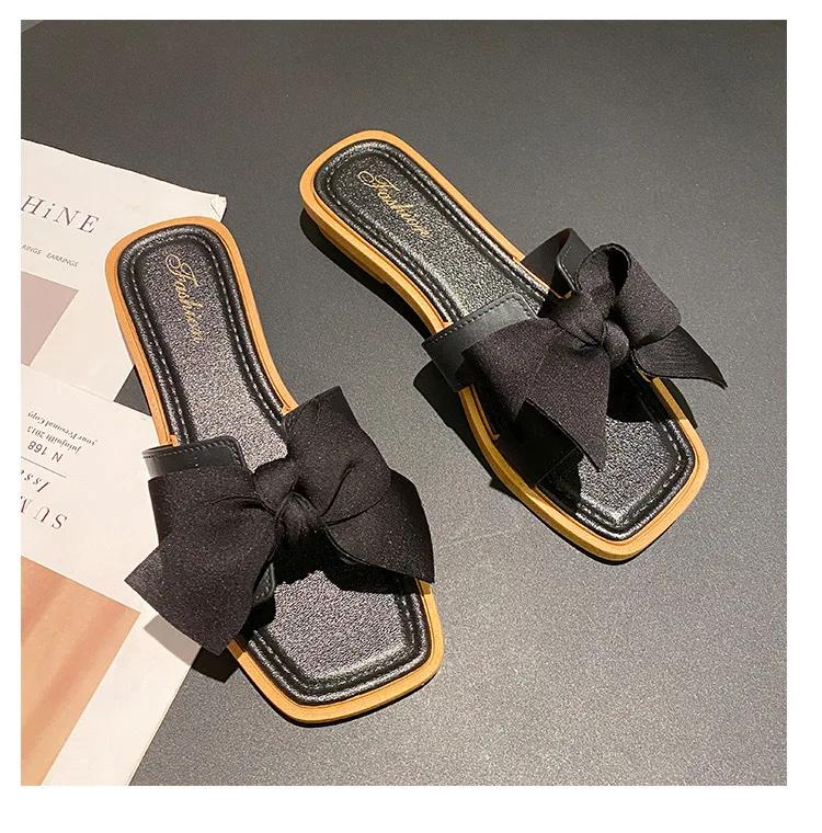 2024 Women's Slippers Luxury Design Interior Fashion Casual Sandals Comfortable Bow Flat Flat Women's Slippers