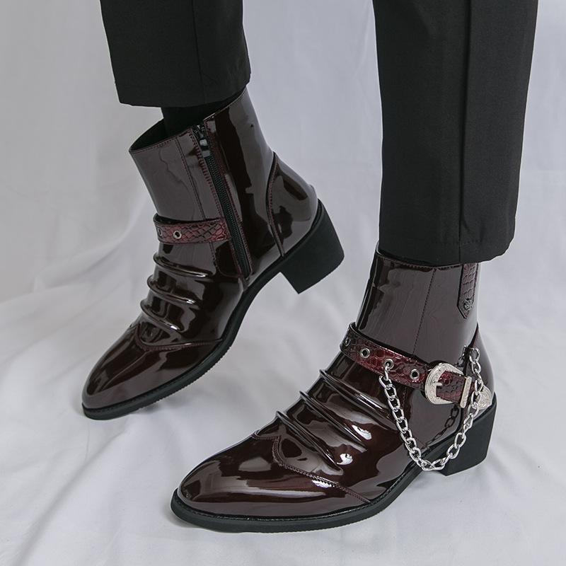Chelsea Martin boots men's autumn and winter high-top shiny leather pointed British style men's boots zipper fashion heightening leather shoes