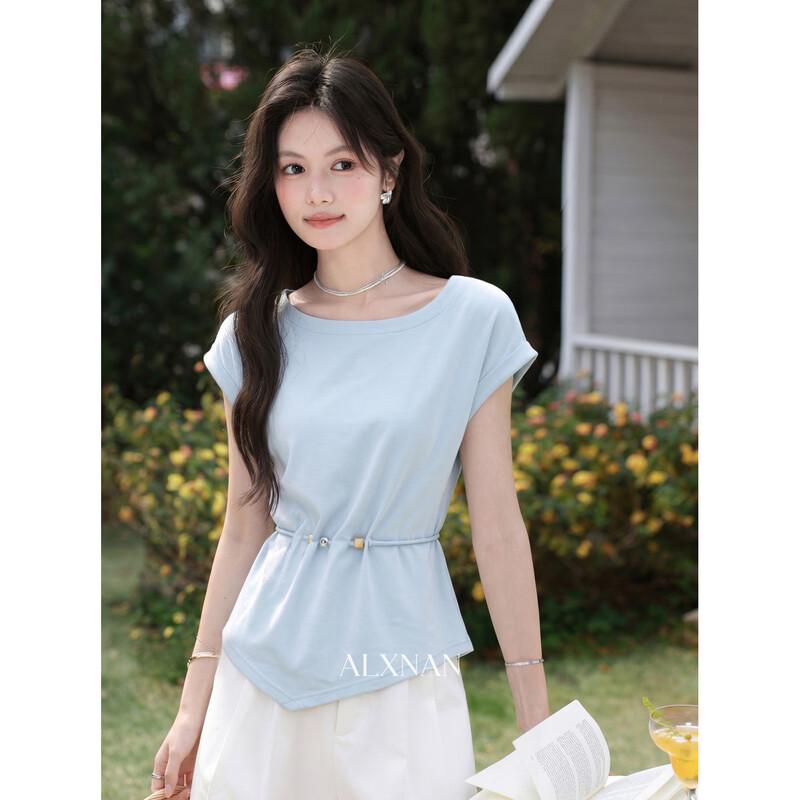 Women s Elegant Slim-Fit Blue Short Sleeve T-Shirt L