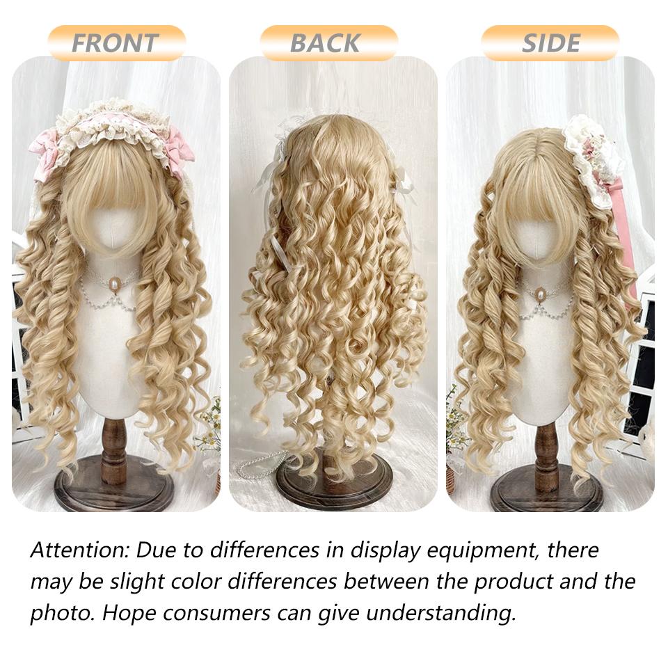Gold Deep Wavy Lolita Wig with Bangs Synthetic Golden Pink Brown Long Curly Cosplay Natural Wigs for Women Halloween Party Daily