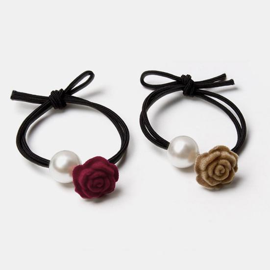 4Pcs Hair Rope Flocking Rose Flower Imitation Pearl Decor Hair Tie Soft No