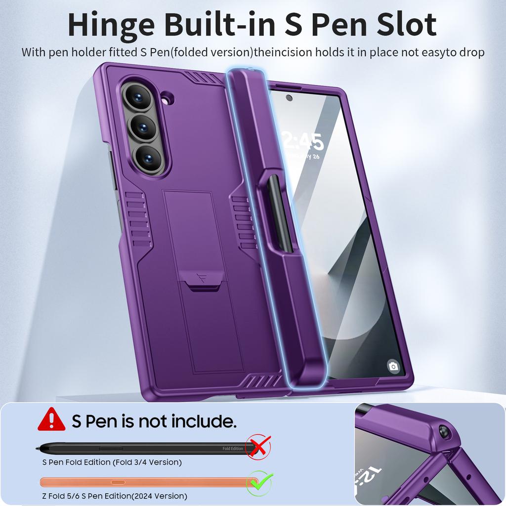 For Samsung Galaxy Z Fold 6 Phone Case With S Pen Holder, Hidden Stand, Screen Protector, Sturdy Shockproof Protective Case-Purple