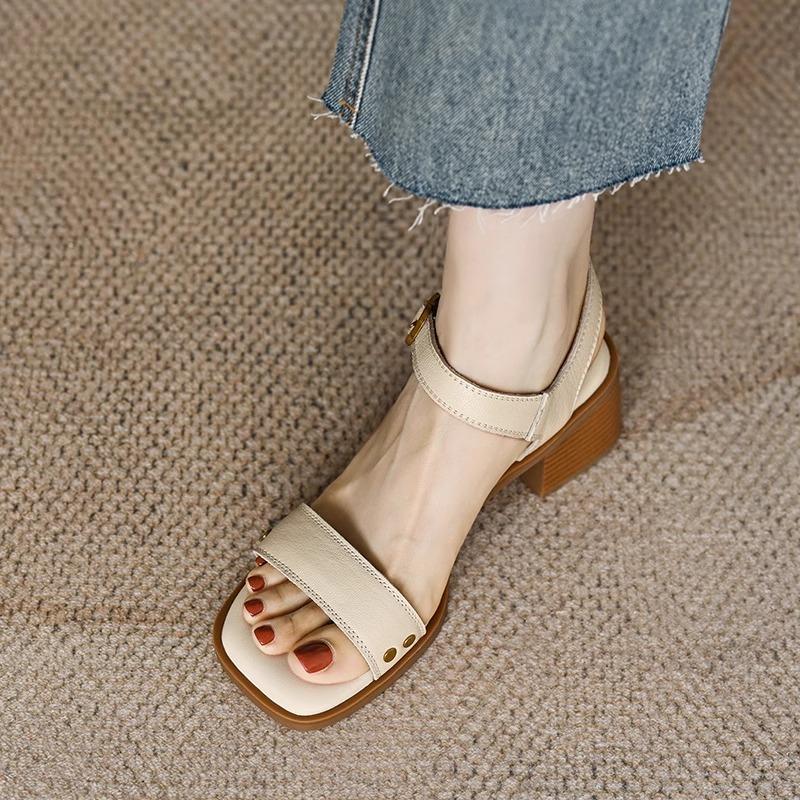 Summer Sandals Sheep Leather Women Shoe Square Toe Chunky Heel Roman Sandals Genuine Leather Open Toe Sandals for Women Handmade