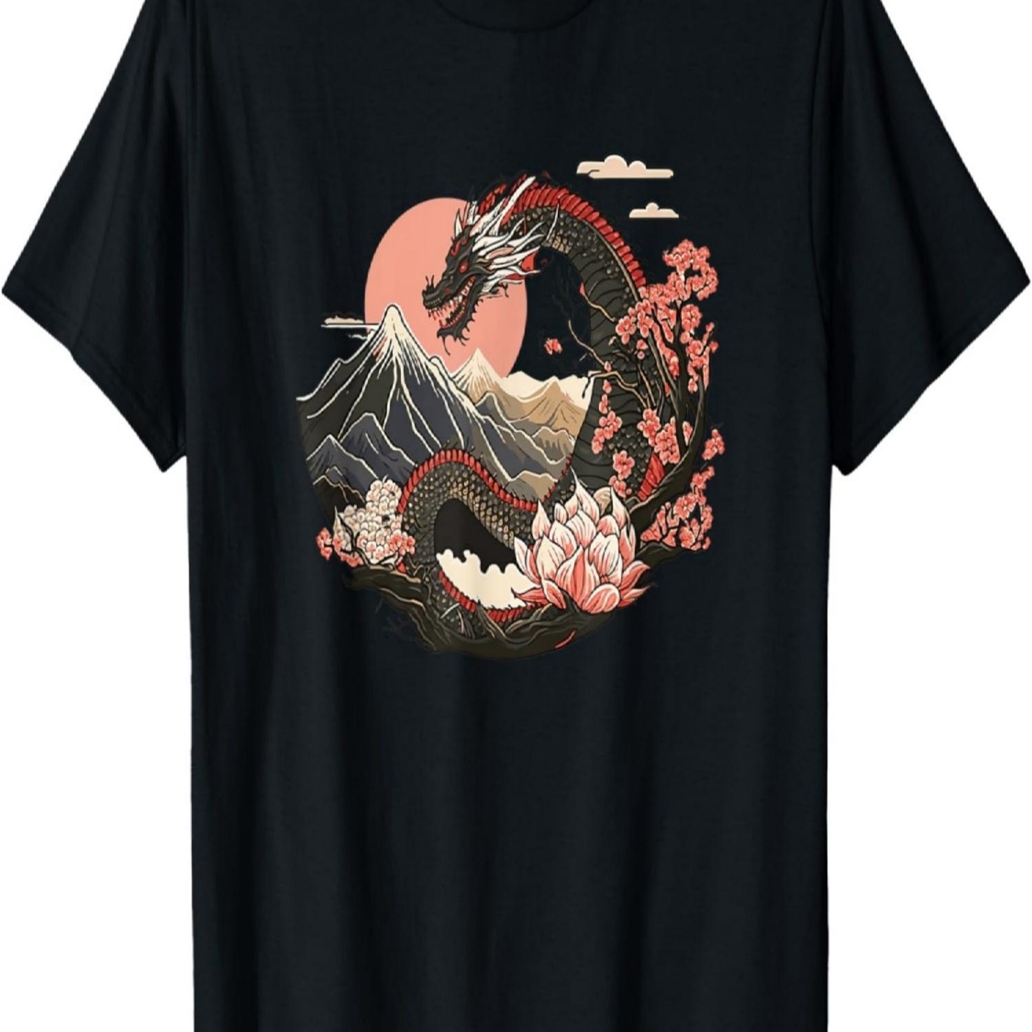 Dragon _ Asian Style Art Cherry Blossoms Mountains T-Shirt S чёрный