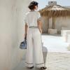 Modisches Lässiges V-Ausschnitt Kurzarm Pullover Oberteil und High-Waist Weitbeinige Hosen Set für Damen