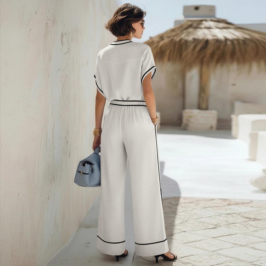 Modisches Lässiges V-Ausschnitt Kurzarm Pullover Oberteil und High-Waist Weitbeinige Hosen Set für Damen