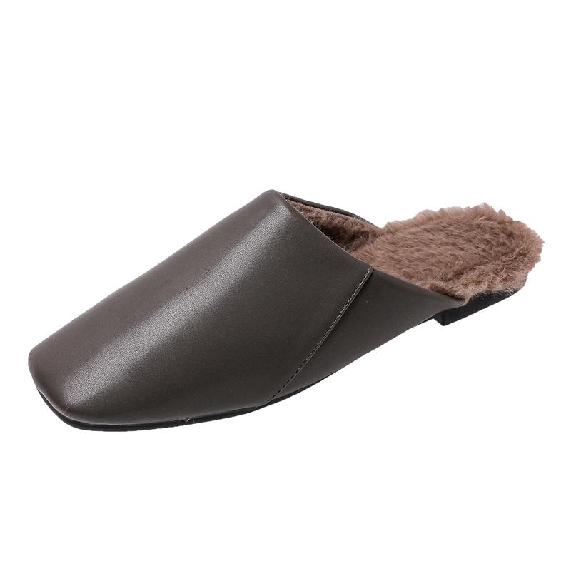 Fashion Retro Square Soft Wool Slippers Women Fall and Winter Solid Color Fashion Joker Leisure Plush Lazy Flat-bottomed Baotou Slippers
