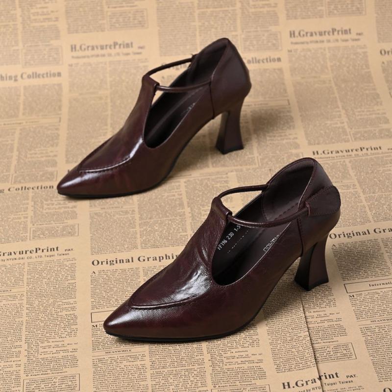 

Осенний новый стиль, туфли с острым носком, на толстом каблуке, цельнокроеные, с ремешками на липучке и мягкой подошвой, на высоком каблуке, для женщин 40 коричневый