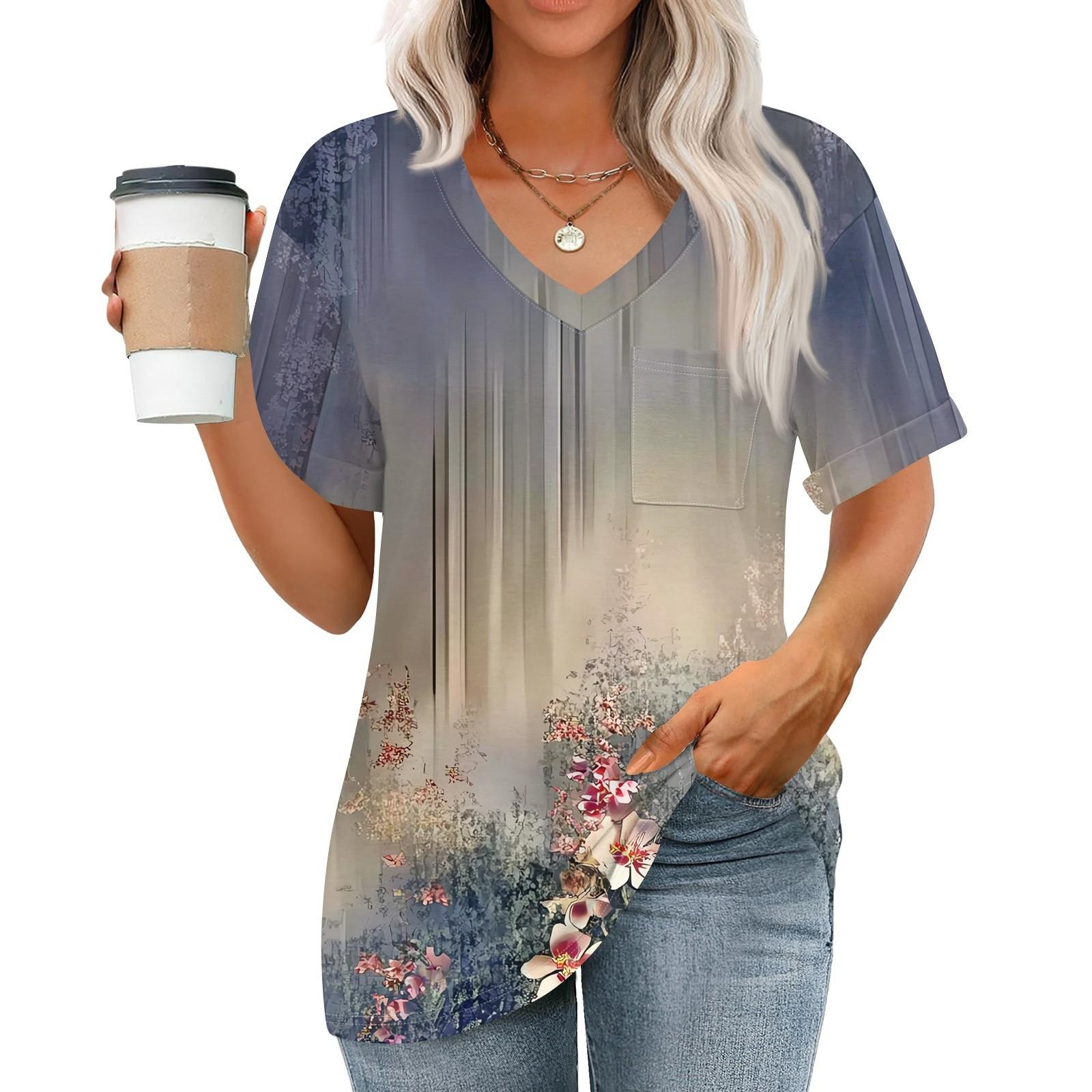 

Женские топы с V-образным вырезом и коротким рукавом Блузки Повседневные модные принты Туники Топы с карманами XL фиолетовый