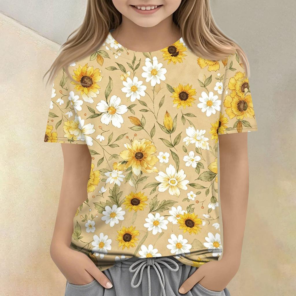 Tricou Casual Lejer cu Gât Rotund și Mânecă Scurtă cu Imprimeu Floral pentru Copii, Top de Vară Confortabil, Ușor, din Material Moale, pentru Băieți și Fete