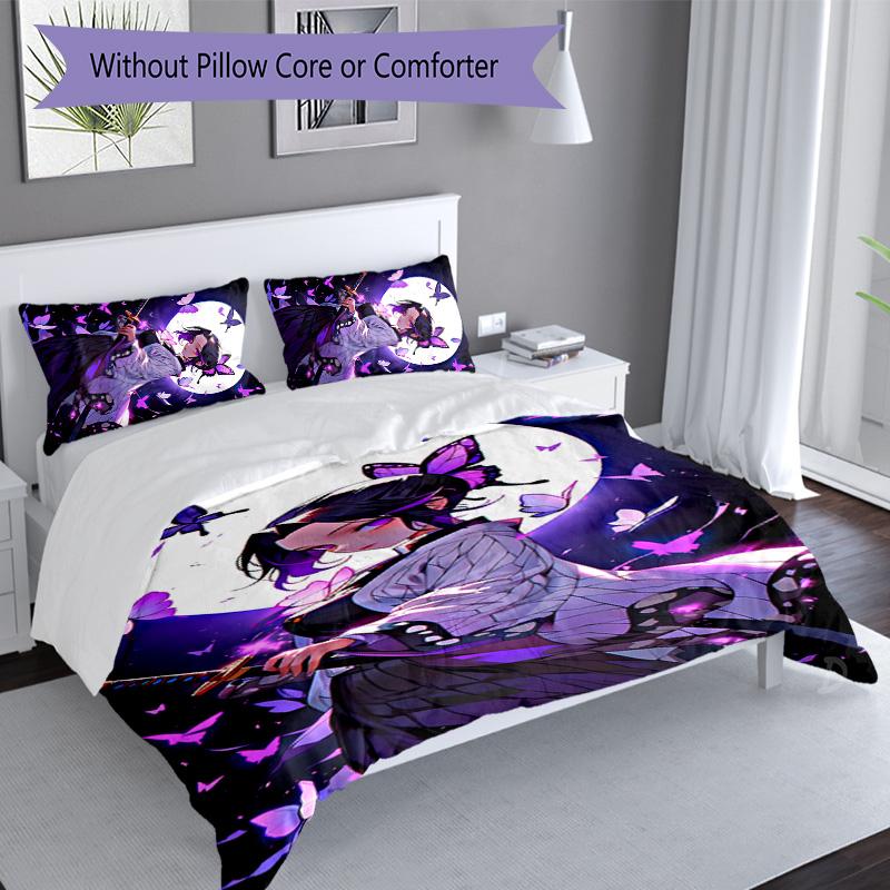 3pcs Demon Slayer Shinobu Kocho pattern bedding set duvet cover set includes duvet cover &pillowcases, perfect all season bedroom decoration & gift