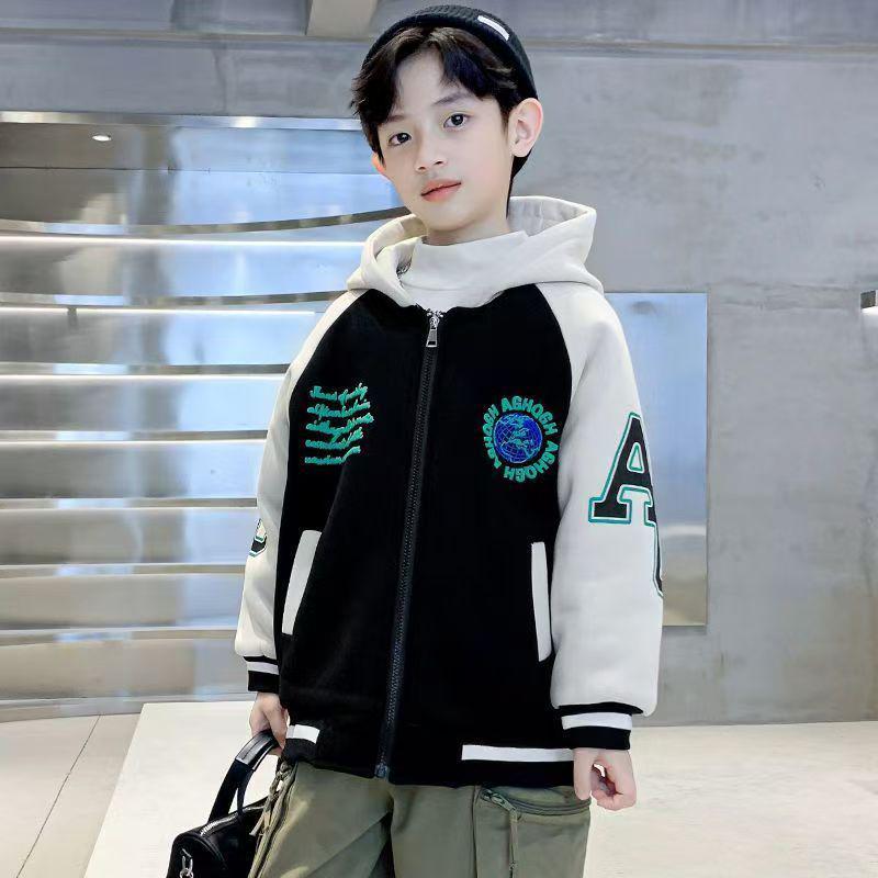 Jungen Mittlere-Große Koreanischer Stil Patchwork Kapuzen-Baseballjacke - Frühling/Herbst 2025