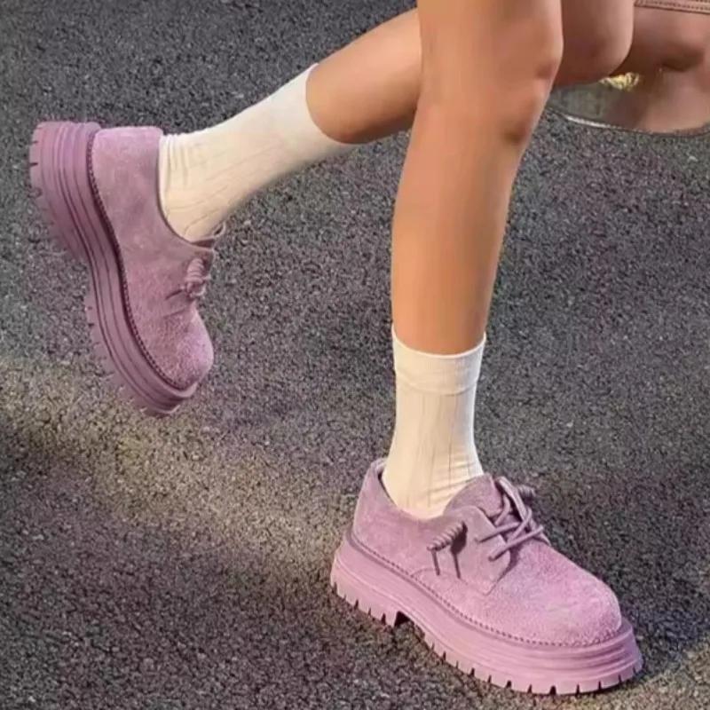 Fashion Women's Autumn Round Head Bull Suede Lace-Up Front Platform Heightened Low Top Casual Square Heel Shoes