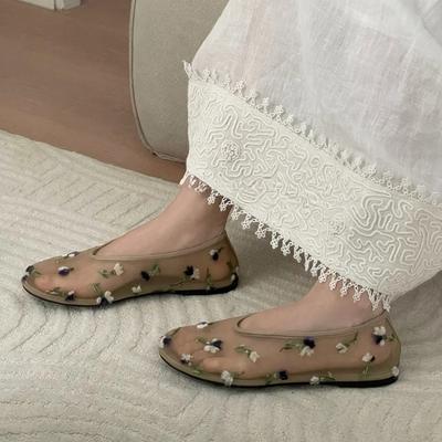 Chaussons de ballet en maille brodée de fleurs élégantes, chaussures Mary Jane plates creuses de niche