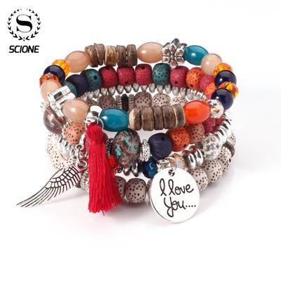 4PC I Love You Natural Stone Crystal Bohemia Beaded Multilayer Bracelet Ladies Jewelry