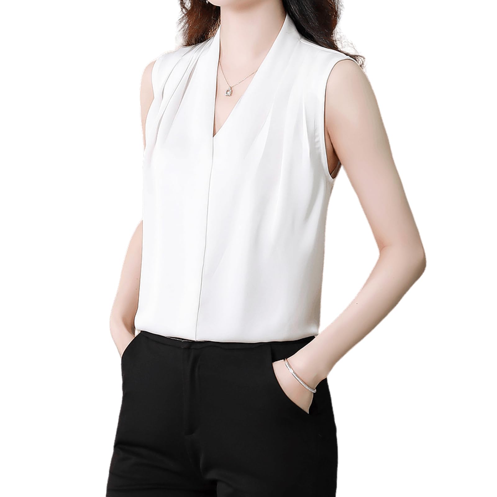 

MERONOCALLALY Без рукавов Однотонный Идеально для поездок на работу и лета Женский топ с V-образным вырезом, Элегантный, Легкий, Цветной, Прохладный, Удобный, Стройнящий, Повседневный, белый