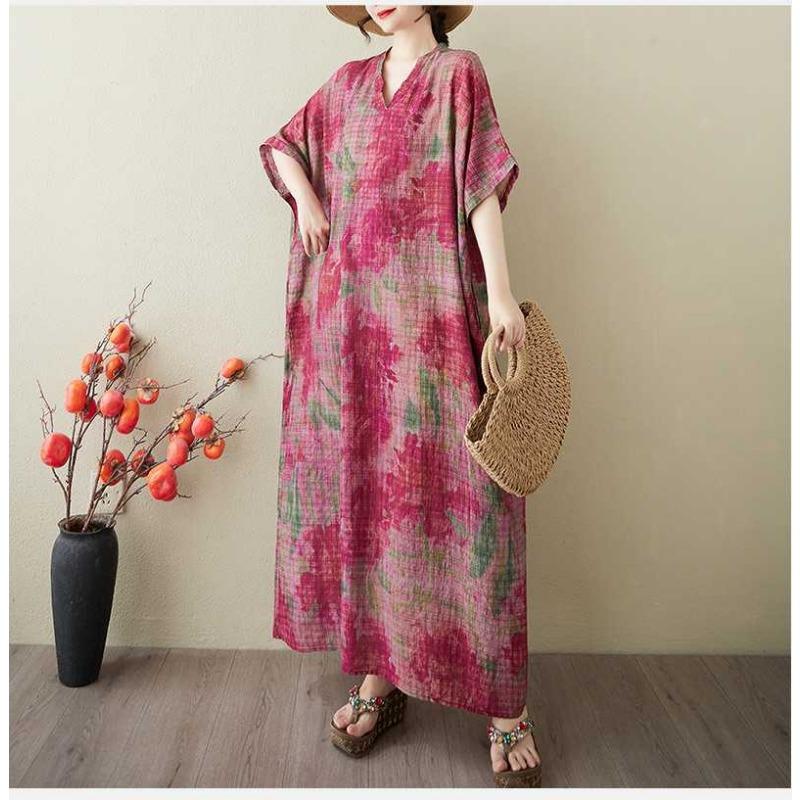 Women's Vintage Long Dress with Cotton and Linen Patterns