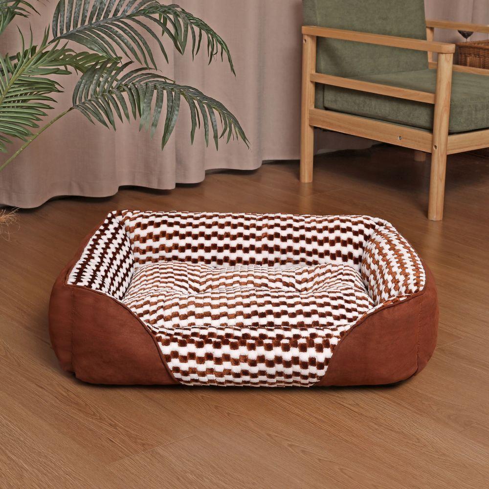 

Pet Kennel Plush Checkered Pattern Sleeping Dog Bed Mat & Cat Nest All-Season Durable Square Pet Beds for Small Medium Dogs Cats S 48X38X13CM кофейный