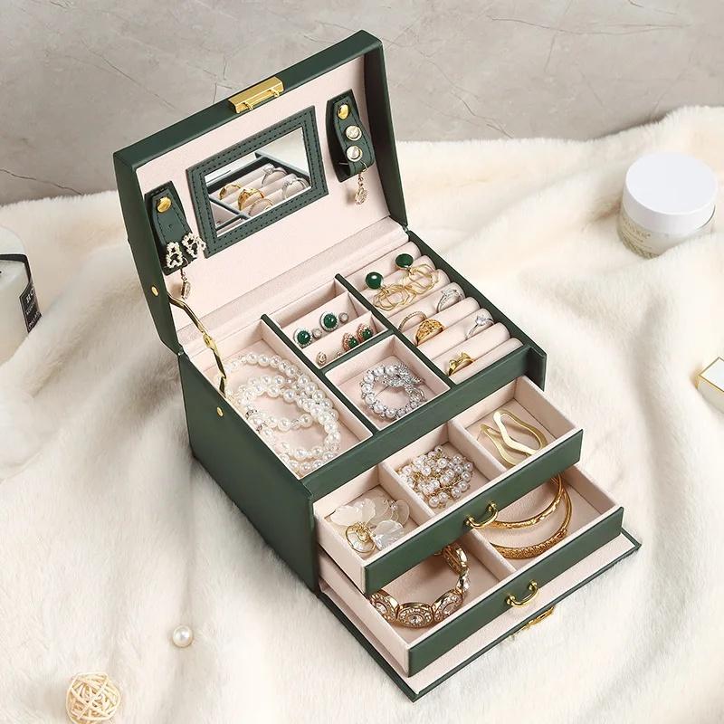 PU Leather Jewelry Organizer Boxes with Mirror Storage Box for Necklaces Rings Earrings Multi-layer Travel Jewelry Cosmetic Box