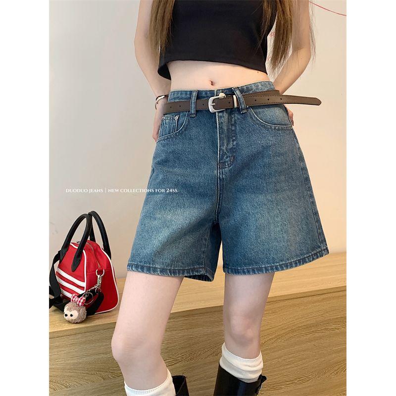 Kumikumi Retro Washed Denim Fifth Pants Women High Waist Loose Straight Wide Leg Pants Shorts