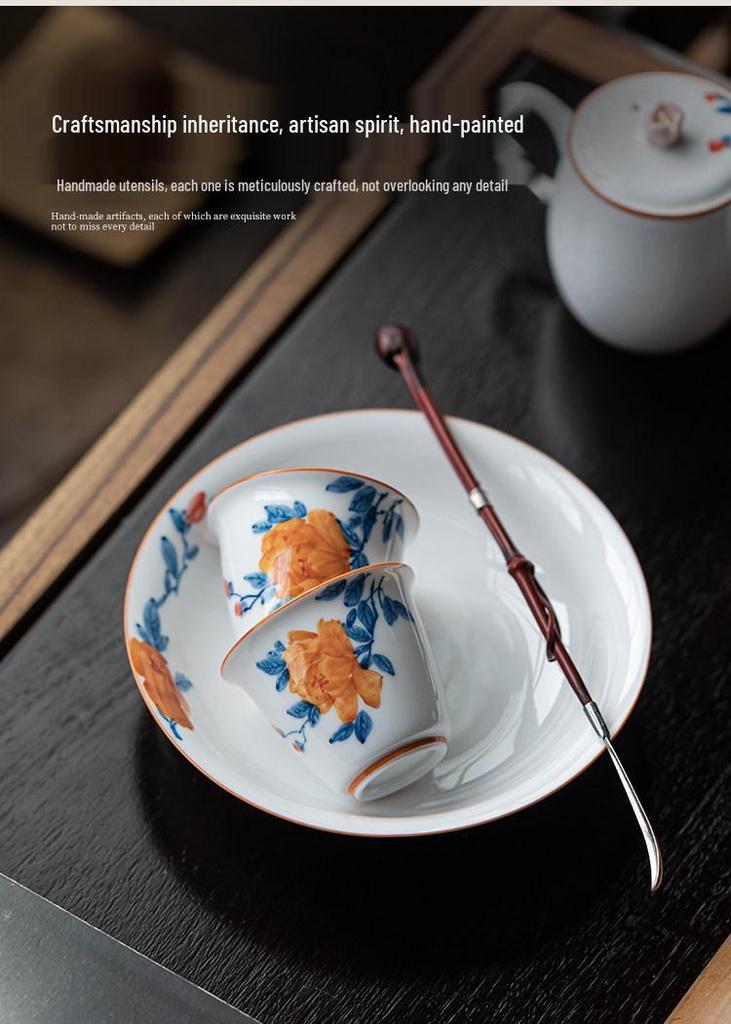 Guanlan Hand-Painted Peony Ceramic Tea Cup, Single Kung Fu Master Cup for Personal or Guest Use