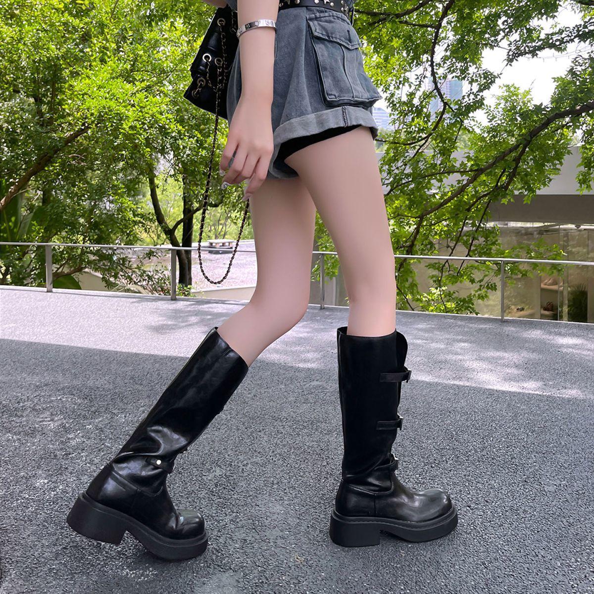 

Belt buckle thick sole thick heel round head elastic fabric women s boots 2025 new fashion versatile heightening boots foreign style fashion 35
