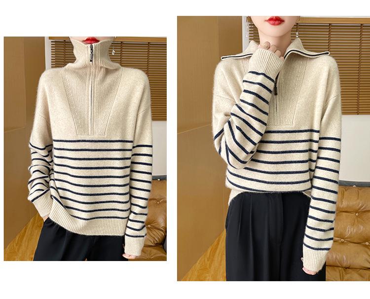 Women's Half-Zip Color Block Striped Knit Sweater - Korean Style Casual Loose Outerwear for Autumn/Winter.