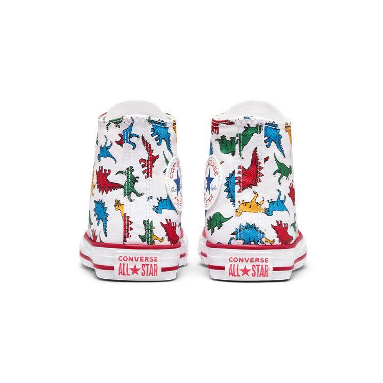 Converse Chuck Taylor All Star Canvas Dinosaur Print Versatile Durable High-Top Kids Canvas Shoes Kids Sneakers White Red A00928C