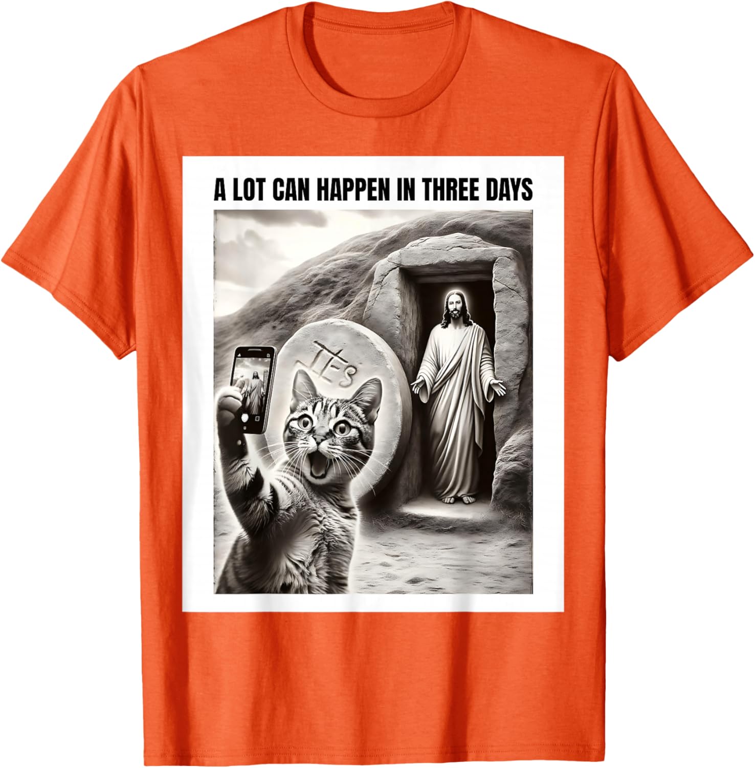 

Funny Easter Jesus Resurrection Cat Selfie Meme Graphic Tee Casual Round Neck Cotton TShirt 4XL