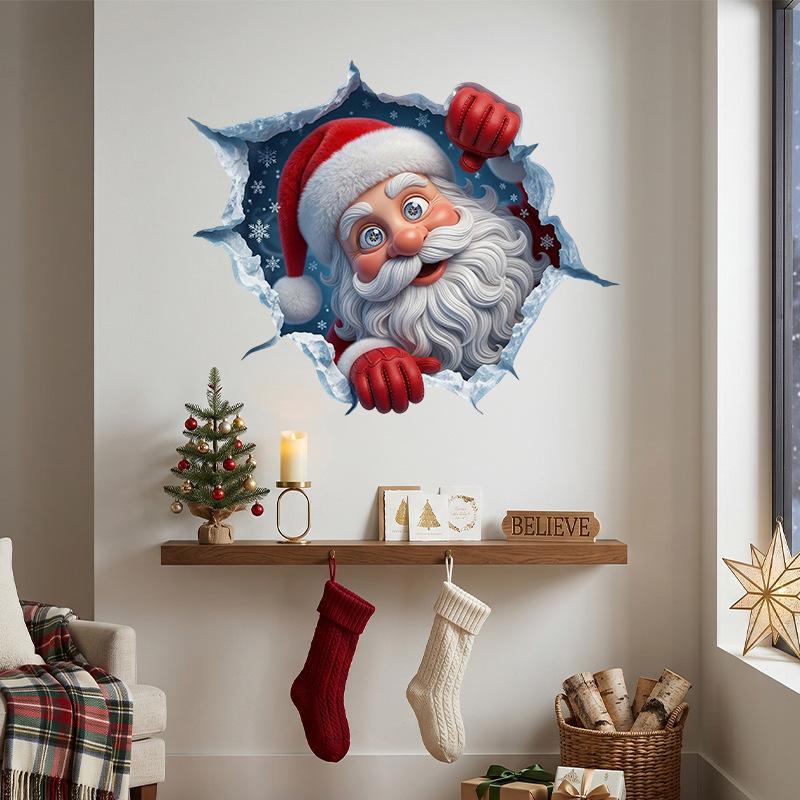 Christmas 3D Break Wall Santa Claus Wall Sticker Self Adhesive Removable 2027 Xmas Decor Bedroom Home Window Party Decor