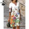 Damenmode Sommer Frühling Print 1/2 Ärmel V-Ausschnitt Freizeitkleider