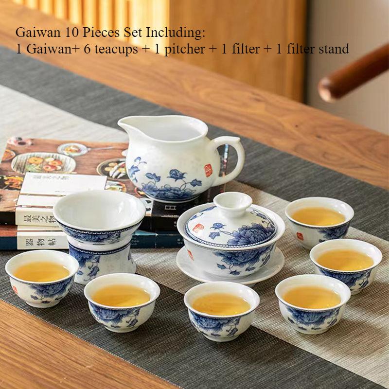 Chinese Kung Fu Tea Set, Blue and White Porcelain Teaware, Ceramic Teapot, Teacups and Filter Set, Household Tea Drinkware