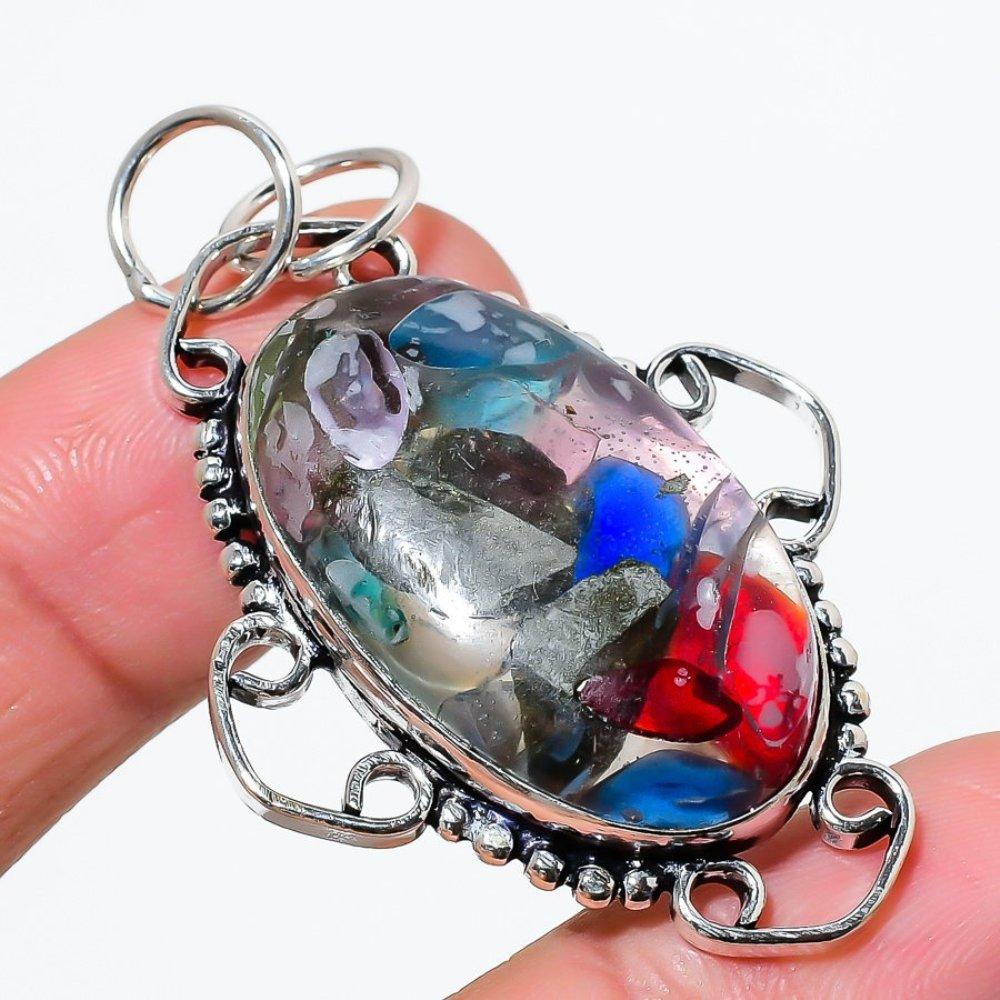 Naturalny Kamień Szlachetny ze Szkła Muurano Srebro Próby 925 Prezent Wisiorek 2,17" V4a63