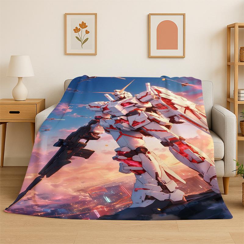 Classic Gundam Cartoon Robot Flannel Blanket Soft Warm Throw Blanket for Bedroom Living Room Bed Travel Camping Picnic Kids