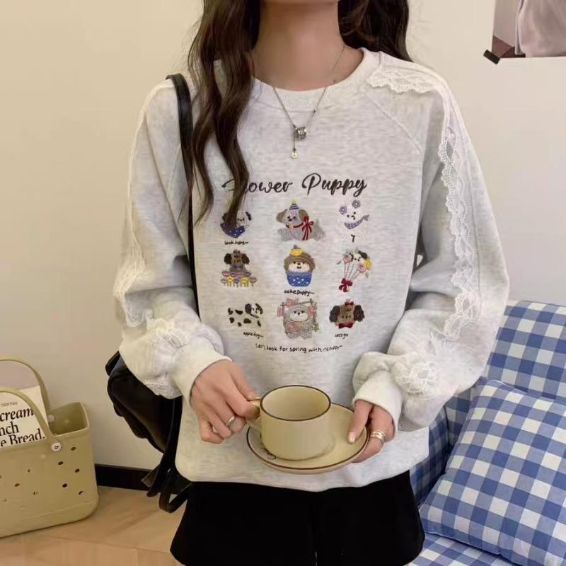 

Korean Puppy Embroidered Round Neck Sweater Women s Autumn Lace Gray Long-sleeved Top S сірий колір