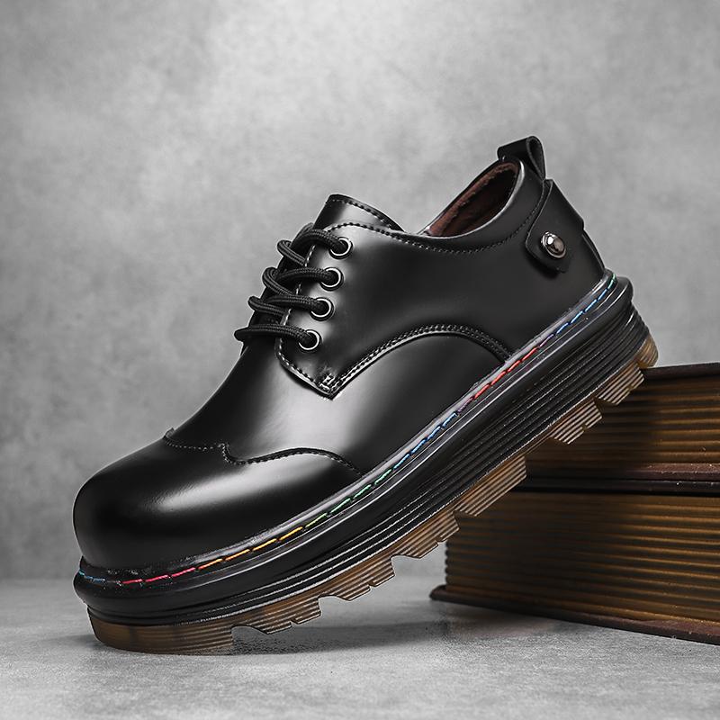 Large Size Round Toe Leather Shoes Men's Thick Soled Fashionable Low Top Casual Shoes