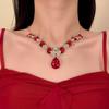 Vintage Court Style Red Artificial Gemstone Pendant Necklace Women's Light Luxury Temperament Bridal Dress Neck Chain Collarbone Chain
