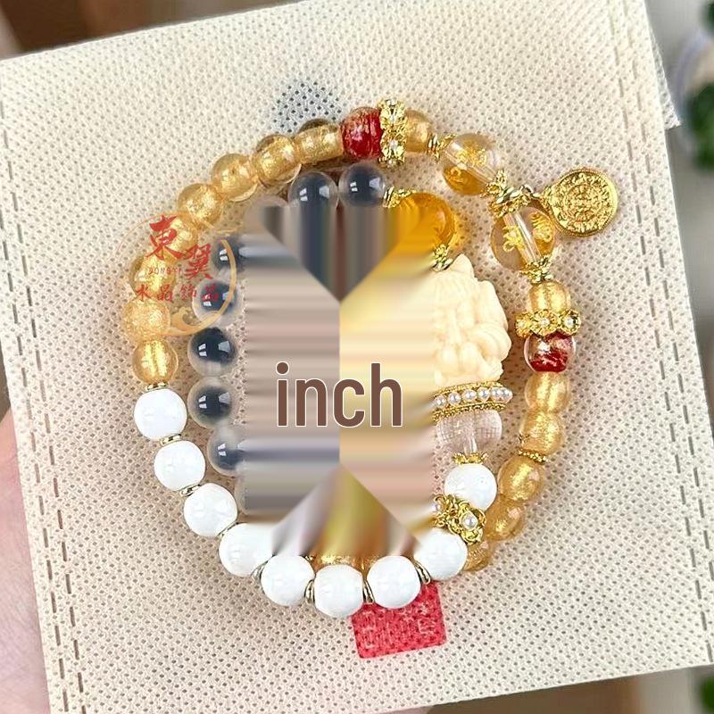 White Sugar Agate & Gold Foil Nine-Tailed Fox Bracelet with Glazed Heart Mantra Beads